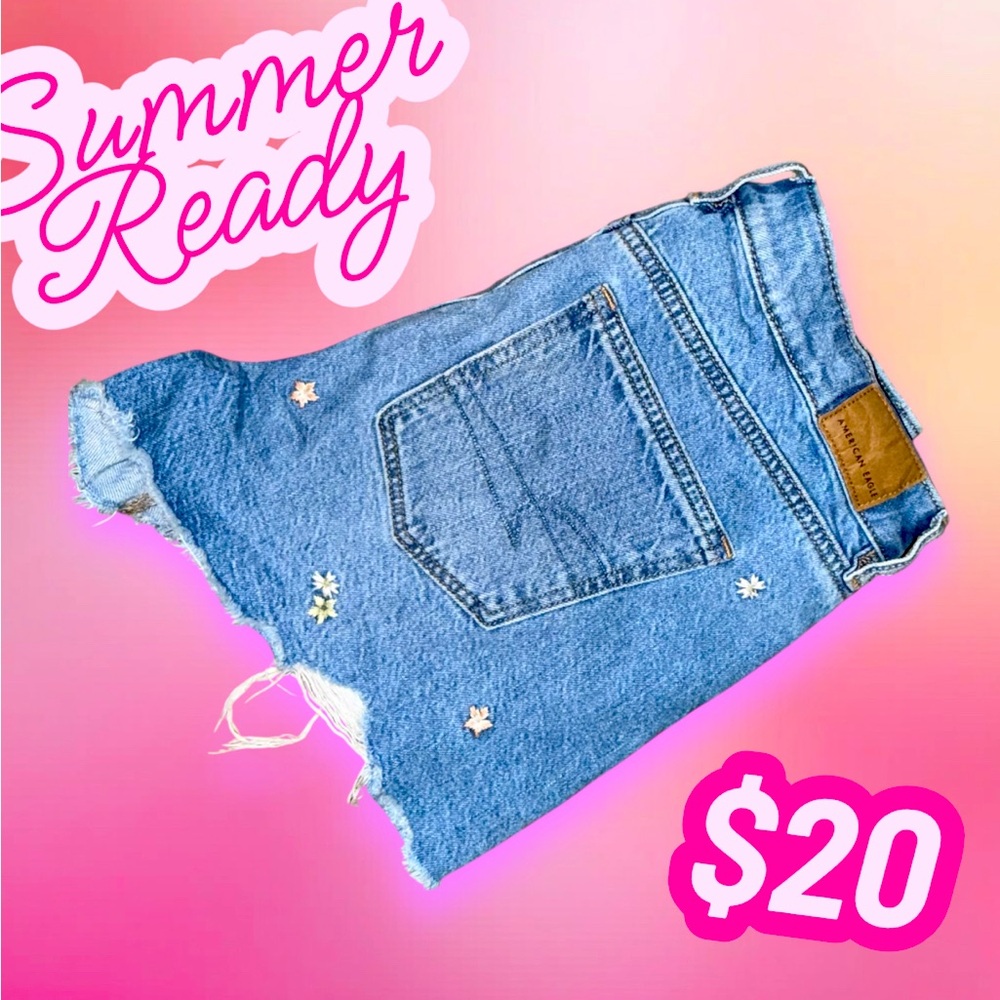 American Eagle Outfitters Embroidered Blue Women's Jean Shorts